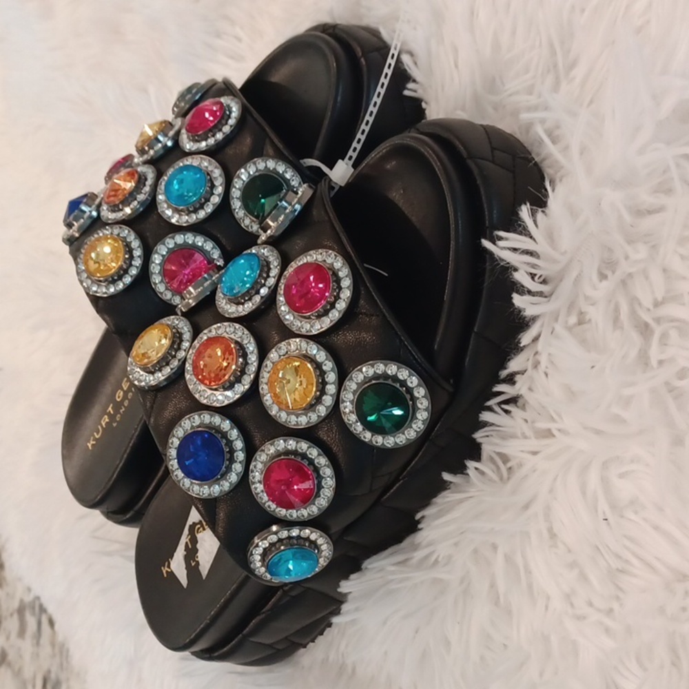 Kurt Geiger Rainbow Rhinestone Gem Crystal Leather Quilted Slip On Sandal New - Picture 10 of 15